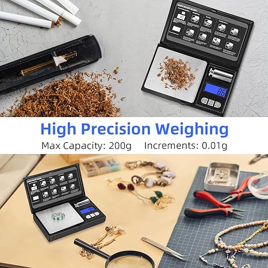 THINKSCALE 𝗚𝗿𝗮𝗺 𝗦𝗰𝗮𝗹𝗲, 𝟮𝟬𝟬𝗴/𝟬.𝟬𝟭𝗴 Mini Pocket Scale with 6 Units, Steelyards, Tare, Scales Digital Weight Grams for Jewelry, Medicine, Coffee, Herb, Cal Weight Included