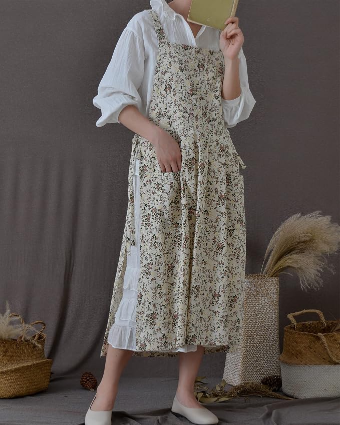 Japanese Cotton Linen Cross Back Apron with Pockets,Fashion Pinafore Dress for Gardening Painting Cleaning Cooking - Image 2