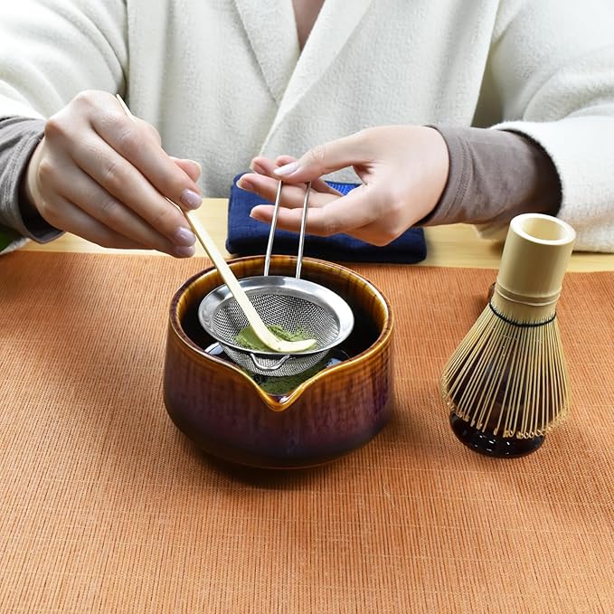 Artcome Matcha Tool Set - Complete Kit with Matcha Bowl with Spout, Bamboo Whisk, Tea Scoop, Whisk Holder, Scoop Holder, Tea Cloth & Powder Strainer, Red-Blue Glaze