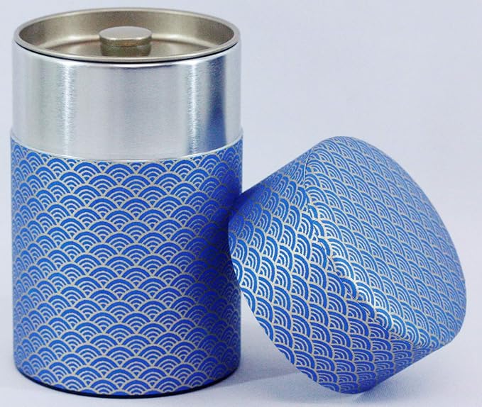 Washi Paper Tea Tin Canister: Long 5.3oz (150g) Deepsea waves (#78), Japan