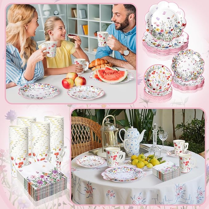 Pickmesh 252 Pcs Floral Tea Party Supplies for 36 Guests Wildflower Paper Disposable Dinnerware Floral Teacups with Handle and Saucers Sets for Tea Party Decorations Birthday Baby Shower Wedding