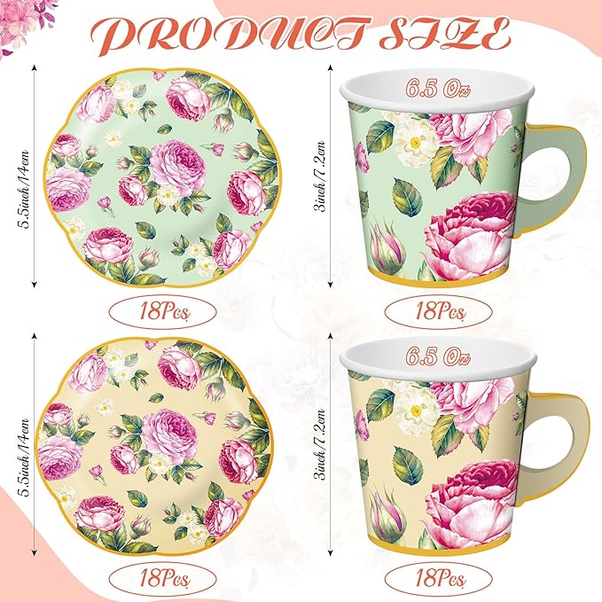 Umigy 36 Sets Tea Party Decorations 6.5 oz Floral Paper Tea Cups with Plates Disposable Blossom Teacups and Saucers Sets for Girls Women Birthday Party Supplies(Vintage Style,36 Pcs)