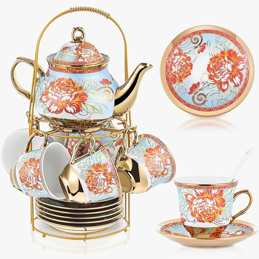 Zhehao 20 Pcs Porcelain Tea Set with Metal Holder and Spoon Adult Ceramic Tea Set European Flower Painting Teapot Cup Saucer Spoon for Women, Large Version(Retro Style)