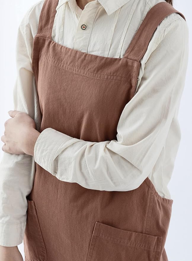 Japanese Cotton Linen Cross Back Apron with Pockets,Fashion Pinafore Dress for Gardening Painting Cleaning Cooking - Image 3