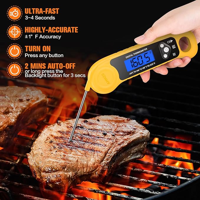 Meat Thermometer Digital, Instant Read Food Thermometer - Waterproof w/Backlight for Cooking, Candy, Deep Fry, BBQ, Grill, Candy Making Accessories, Gifts for Men Women(Yellow)
