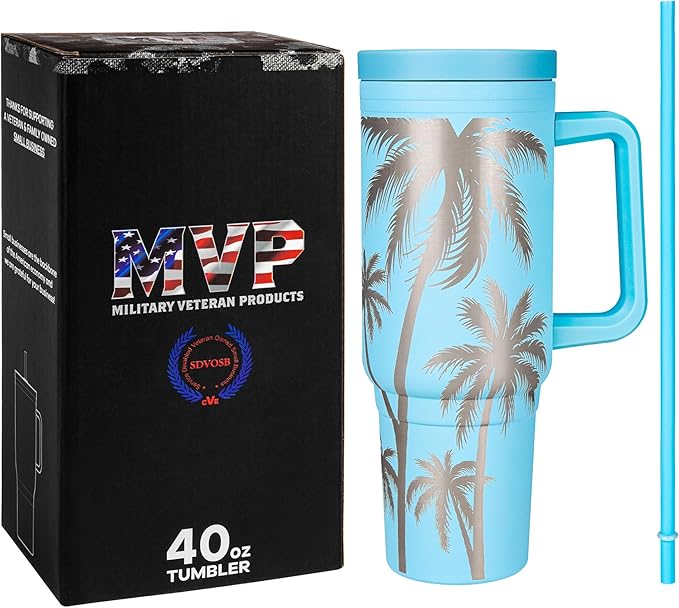 Engraved Palm Trees 40oz Insulated Tumbler with Handle, Lid & Straw - Use for Water, Tea, Coffee & More-Palm Tree 40oz Tumblers