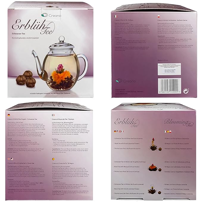 Creano Flowering Tea – Flower Tea Ball Gift set with 17oz Glass Teapot - Black tea