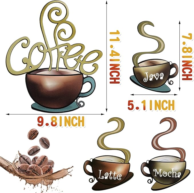 4 Pieces Metal Coffee Cup Wall Decor Coffee Bar Decor Cafe Themed Wall Art Decoration Vintage Cup Signs for Kitchen Decorations Shop Restaurant Lounge Decorations(Brown)