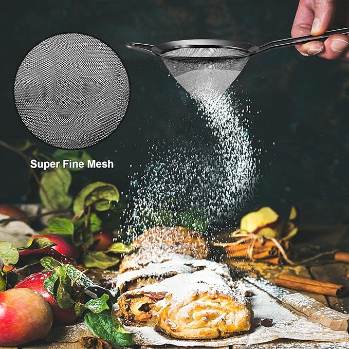 Black Small Strainer Set of 2, E-far 3.3 Inches Stainless Steel Fine Mesh Sieve with Long Handle, Metal Conical Strainers for Tea Cocktail Coffee Food, Rust Proof & Easy to Clean