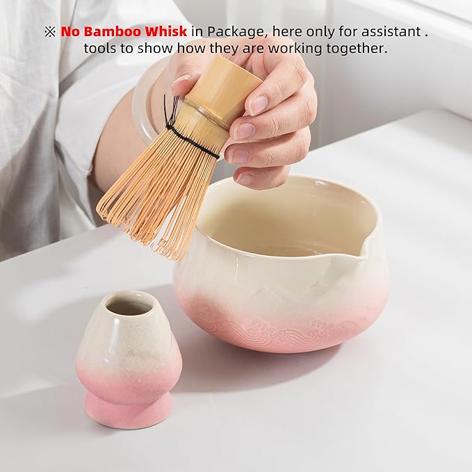 TEANAGOO Matcha Bowl with Spout,2-Pcs Fuji Design Ceramic Bowl and whisk Holder(chawan),18.9oz/560ml Pink Matcha Bowl with Stand, Gift Set for Friend/Family