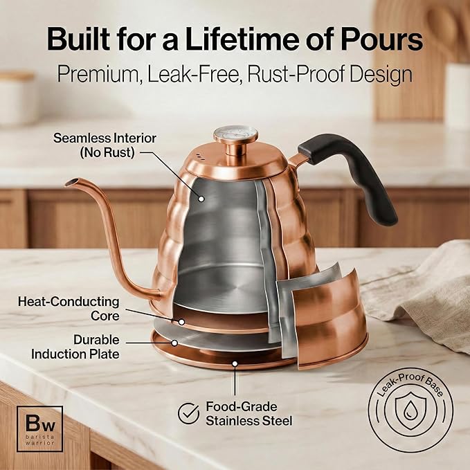 Barista Warrior Gooseneck Kettle with Thermometer - 1.2L Pour Over Coffee & Tea Kettle, Copper Coated Stainless Steel Gooseneck Kettle Pot, Precision Pour Drip Spout, Suitable for All-Stoves (40 floz)