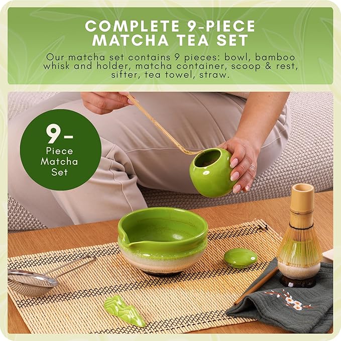 Matcha Whisk Set – Premium 9 Pcs Japanese Set for Tea Lovers - Traditional Kit, Green Matcha Kit Including Bowl (Chawan), Bamboo Whisk and Scoop Holders, Sifter Canister and Straw
