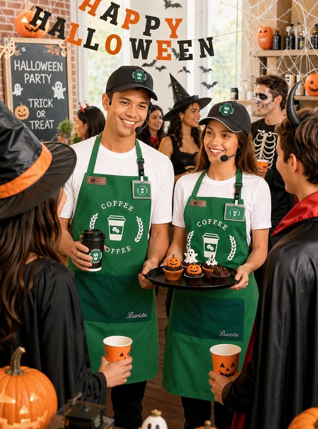 Halloween Barista Costume for Couples Cosplay, Duo Costumes for Best Friend | Simple Couples Halloween Costumes with Green Apron and Cap for Adult, Coffee Maker Outfit - Image 6
