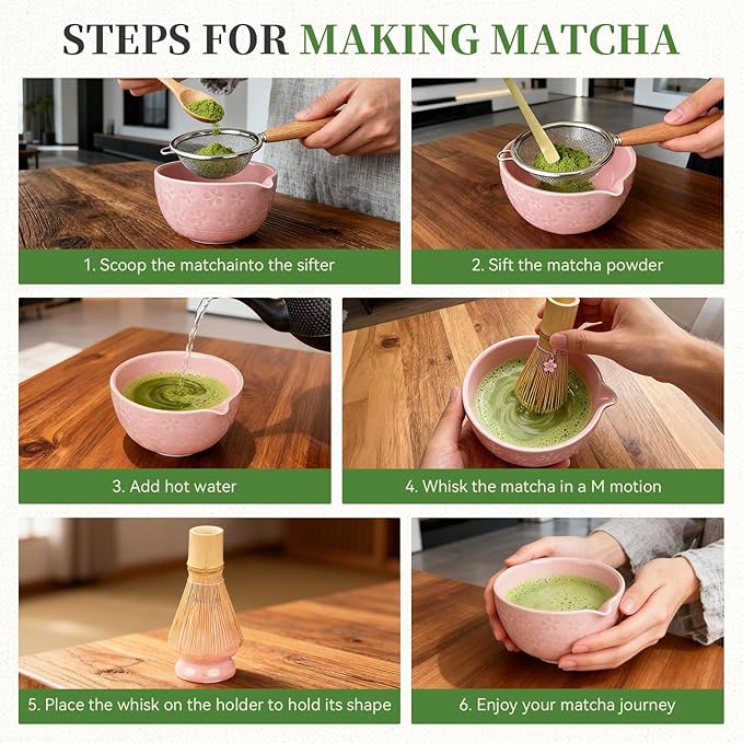 Matcha Whisk Set, Japanese Tea Ceremony Utensils (8 PCS) with Matcha Bowl with Spout (19 oz), Bamboo Whisk, Scoop, Holder, Sifter, Tea Towel – Authentic Matcha Set & Gift Box (Pink)