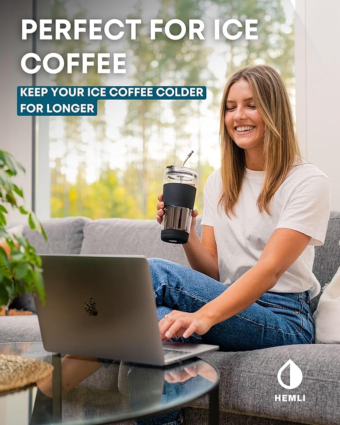 19 oz. Clear Double Wall Glass Coffee Tumbler, To Go Glass Travel Mug with Lid and Straw, Reusable Cup Tea, Smoothies, Ice Coffee, and Boba