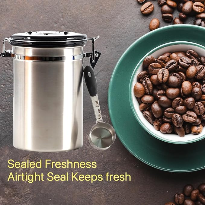 SUEIANNMN1.8L Coffee Canister Airtight, 26oz Coffee Storage Container Stainless Steel Air Tight Coffee Jar with Scoop, Date Tracker, 2 Extra CO2 Release Valve for Beans Ground Tea Flour Sugar (Sliver)