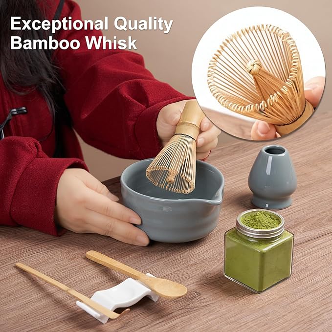 YOLIFE 7 Pcs Matcha Whisk Set, Includes Matcha Bowl with Spout, Bamboo Whisk (Chasen) with Ceramic Holder, Scoop and Powder Spoon, Sifter, Matcha Kit for Ceremony (Gray)
