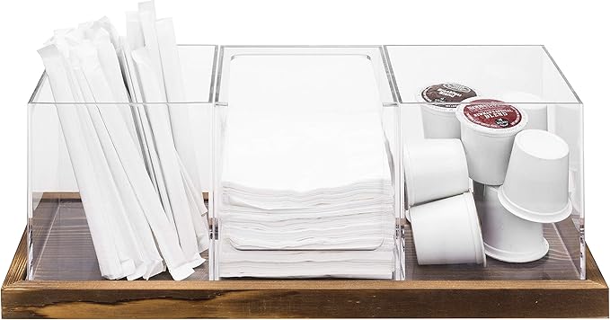 MyGift Modern Modular Coffee and Tea Station Organizer with 3 Removable Premium Clear Acrylic Compartments and Rustic Burnt Solid Wood Decorative Tray, 4 Piece Set - Image 7