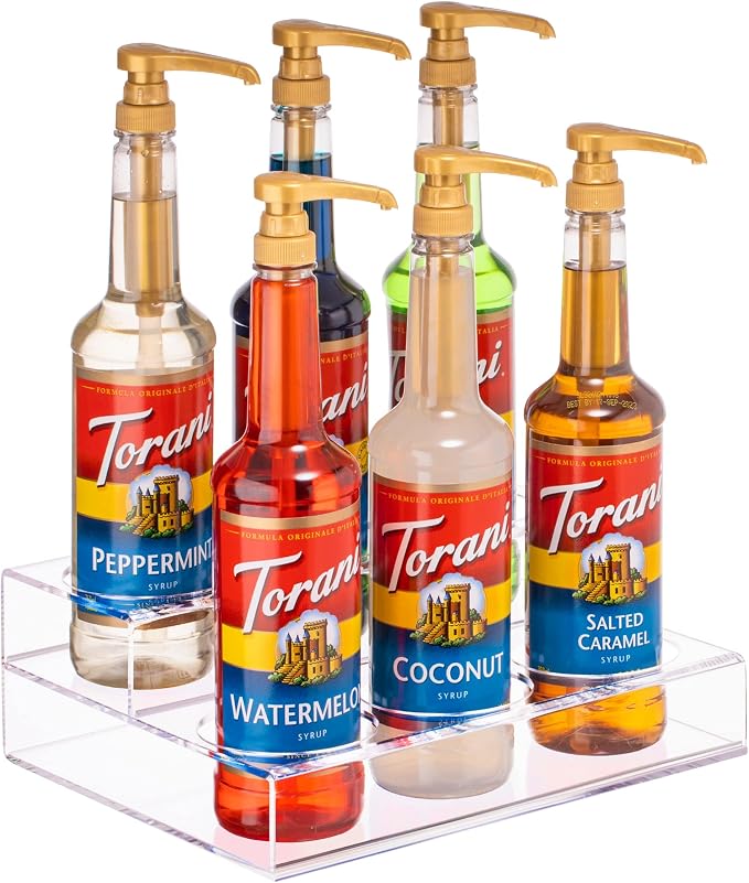 Acrylic Coffee Syrup Organizer Rack | 6 Bottle, 2 Tier Rack | Bar Counter-Top Display Stand | Kitchen, Pantry, Fridge Storage Organizer for Syrups, Wine, Soda, Beer by Srenta