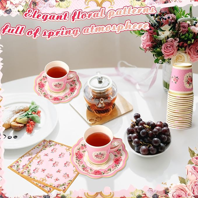 Vesici 150 Pcs Floral Tea Party Decorations for Table 9 oz Disposable Paper Tea Cups with Handles Plates, Saucers and Napkins Set for Spring Party Girl Birthday Wedding Mothers Day(Vivid Style)
