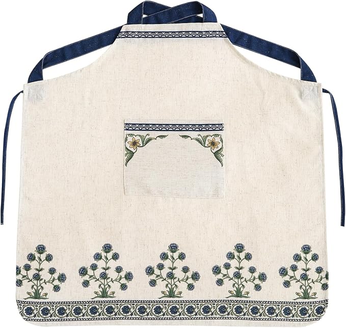 patdrea Blue Floral Linen Apron with Pocket,French Kitchen Garden Chef BBQ Aprons for Women and Men,Crisscross Back Straps by patdrea