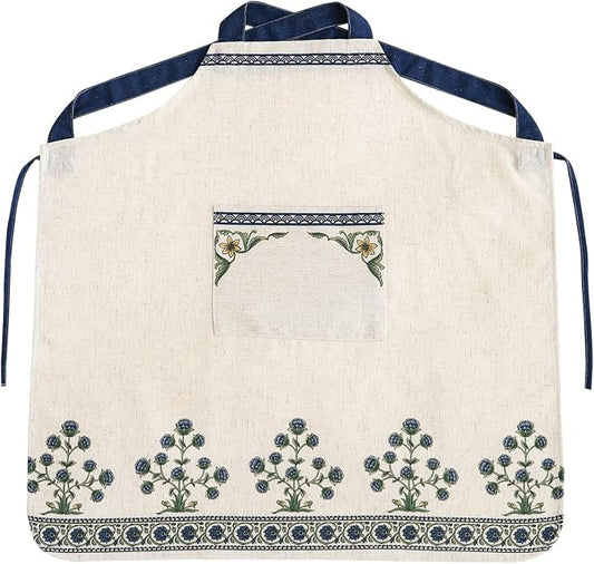 patdrea Blue Floral Linen Apron with Pocket,French Kitchen Garden Chef BBQ Aprons for Women and Men,Crisscross Back Straps by patdrea