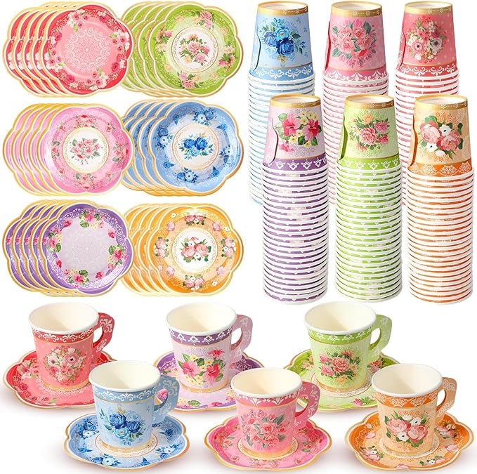 Nuogo 300Pcs Floral Paper Tea Cups and Saucers 7 OZ Disposable Tea Cup with Handle and Plates for Garden Party Supplies Wedding Birthday Baby Shower Bridal Mother's Day, Serve 150 Guest(Vibrant Color)