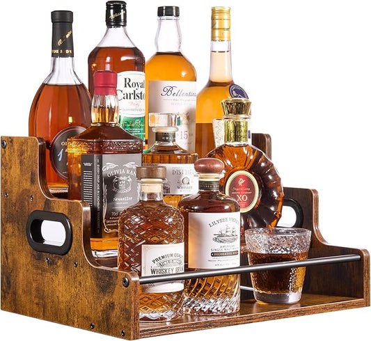 YQBRAO [Upgraded] Rustic Wood Liquor Bottle Display Shelf, 3-Tier Liquor Shelf for Bar Counter, Coffee Syrup Rack Organizer with Handles & Metal Guardrail, Bar Bottle Stand for Home, Kitchen, Cafe