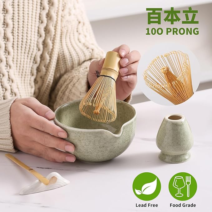 Matcha Whisk Set 5 Pcs, Matcha Kit Set Includes Matcha Bowl, Matcha Whisk and Holder, Bamboo Scoop and Sifter, Ceramic Matcha Set, Matcha Tea Set, Ideal Gift for Family/Friend (Green)