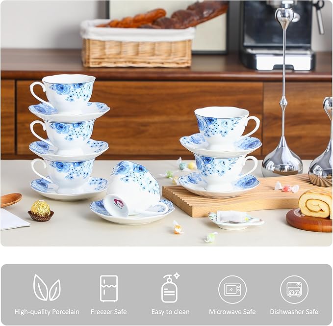 Porcelain Tea Cup and Saucer Set of 6 (12-Piece) - 6oz Cups with Classic Blue Floral Pattern for Tea Party, Dishwasher & Microwave Safe