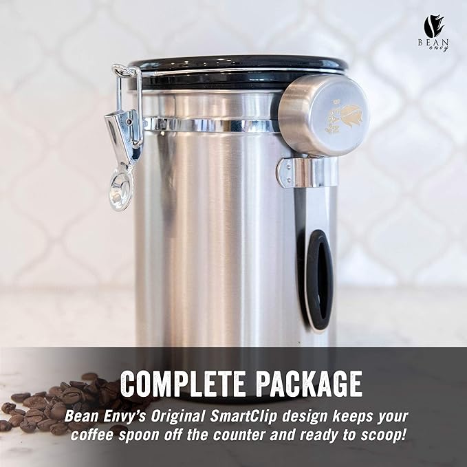Bean Envy Airtight Coffee Canister, 22.5 Oz coffee bean storage with Date tracker and Co2 release valve, Stainless Steel coffee container, espresso bean storage- best gift accessories