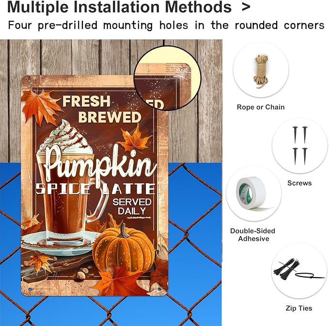 KanaAt Fresh Brewed Pumpkin Spice Latte Metal Sign Home Kitchen Coffee Shop Corner Farmhouse Thanksgiving Fall Decoration Party Beverage Desk Wall Decor 8x12 inch, diany-m88 - Image 3