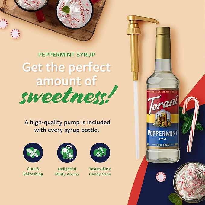 Torani Coffee Syrup, Peppermint Flavored Syrup for Drinks, Pump Included, 25.4 Fl Oz