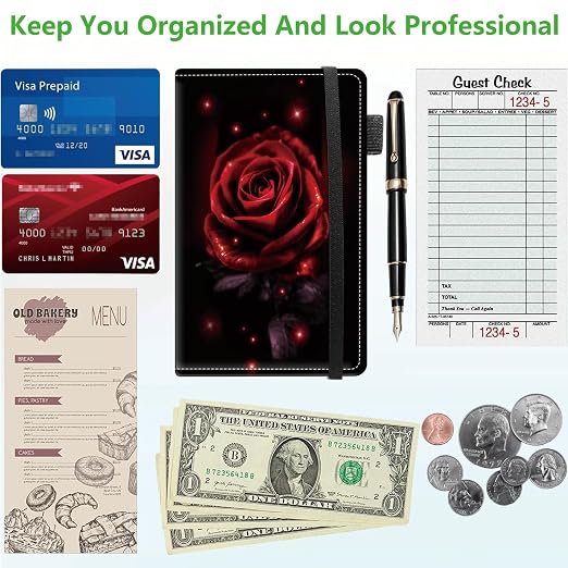 Server Books for Waitress, 5x9 Inch Waitstaff Server Order Pads, 11 Large Pockets, Cute PU Leather Waitress Book Server Wallet with Elastic Band Fit Server Apron,Red Rose - Image 5