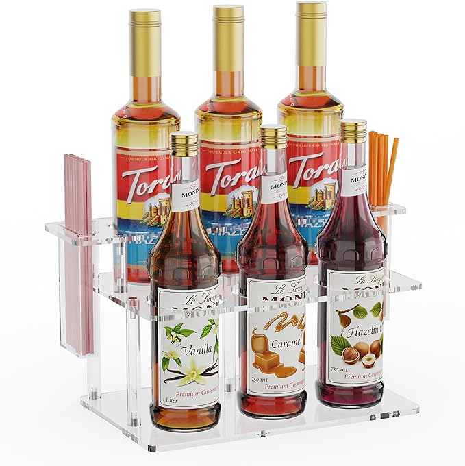 Coffee Syrup Organizer with Straw Holders, 2-Tier Acrylic Syrup Rack (6 Bottles), Anti-Slip Coffee Bar Storage with Side Straw Boxes for Syrups, Wine, Dressings on Kitchen Countertop