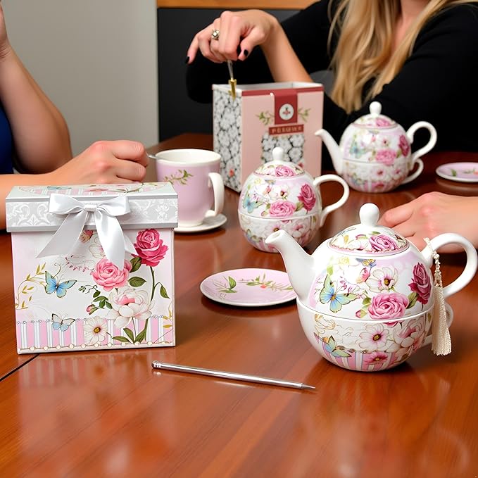 Lightahead Bone China Tea for One Set in Rose Design, in attractive Reusable Handmade Gift Box (With Ribbon)