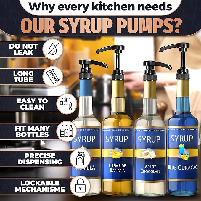 8 Pcs Pumps for Syrup Bottles Black - Coffee Syrup Pump Dispenser Set, 750ml Bottles with Food-Grade Plastic Adjustable Tube, 10ml per Pump - Easy Cleaning, Lockable Mechanism | for Syrups & Sauces