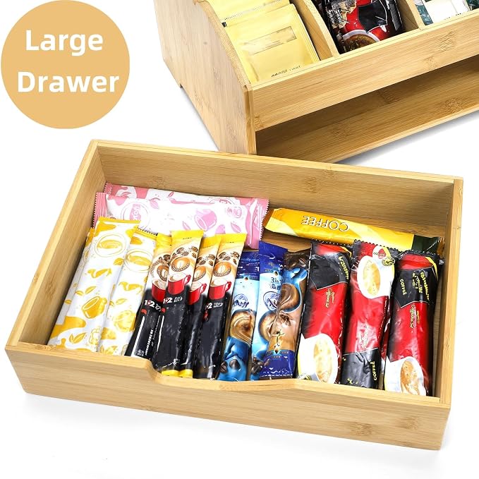 Covzoe Coffee Station Organizer for Countertop, Bamboo Coffee Pods Holder Bar Organizer with Drawer, Rustic Tea Condiment Storage Caddy for Bar Decor Kitchen Home Office - Image 4