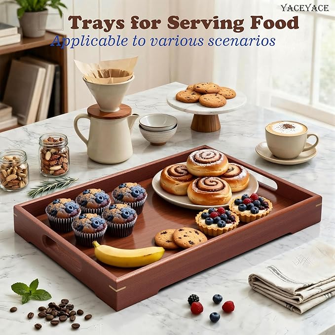Serving Tray Wood, 13"x8.7"x1.5" Small Wood Serving Tray for Coffee Table, Ottoman, Party, Dining, Home Decor, Breakfast, Bar, Bathroom