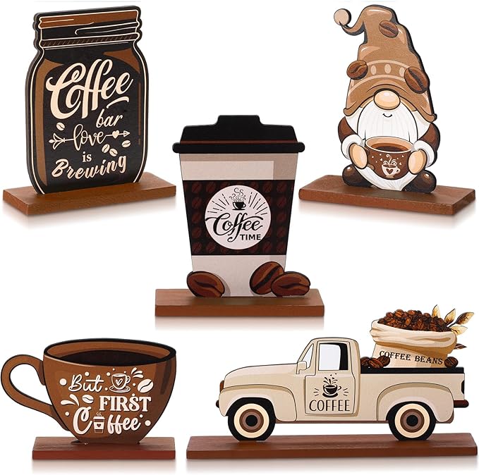 Blulu 5 Pieces Coffee Bar Decor Sign Farmhouse Coffee Bar Wood Signs Rustic Cafe Wooden Table Centerpiece Cafe Table Tiered Tray Decor for Home Kitchen Decorations