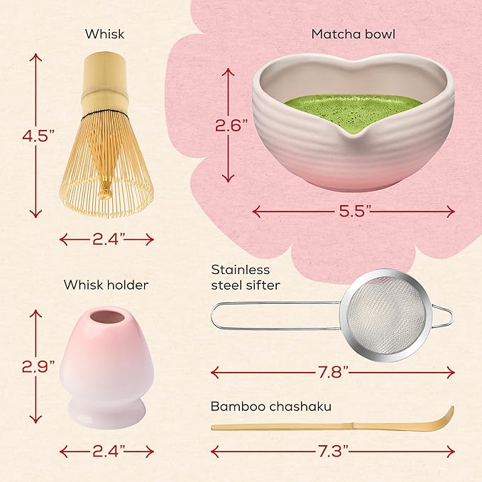 Rehny’s Matcha Whisk Set | Complete Pink Matcha Set w/Heart-Shaped Bowl, Bamboo Whisk, Holder, Stainless Steel Sifter, Bamboo Scoop | Cute Gift Present Macha Kit Handmade Bowl | Macha Powder Tea Kit