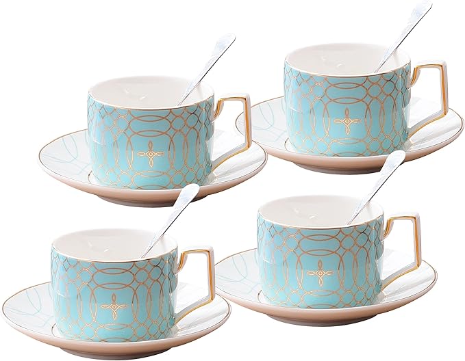 Jusalpha Porcelain Tea Set-Service of 4- Modern Elegant Mint Green Tea Cup and Saucer Set-Coffee Cup Set with Saucer and Spoon,TCS15 (4) (Blue)