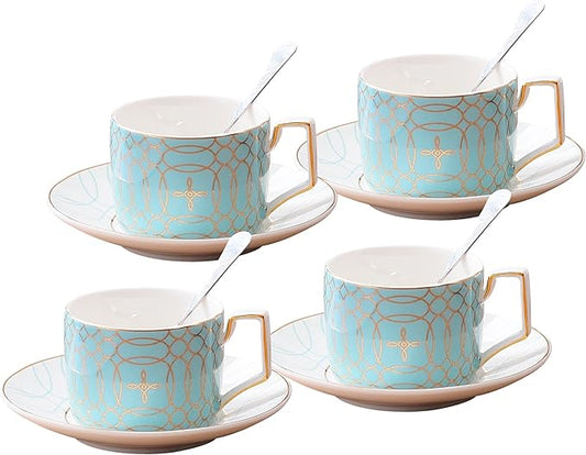 Jusalpha Porcelain Tea Set-Service of 4- Modern Elegant Mint Green Tea Cup and Saucer Set-Coffee Cup Set with Saucer and Spoon,TCS15 (4) (Blue)
