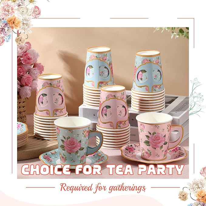 Umigy 36 Sets Tea Party Decorations 9 oz Floral Paper Tea Cups with Handle and Plates Disposable Blossom Teacups and Saucers Sets for Girls Kids Birthday Garden Wedding Party Supplies(Blue Pink)