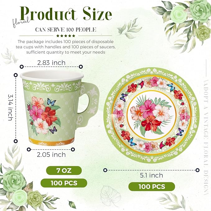 Nuogo 200 Pcs Floral Paper Tea Cups and Saucers 7 oz Disposable Tea Party Decorations Vintage Cute Paper Cups and Plates with Handles for Girls Wedding Baby Bridal Shower, Serve 100 (Green)