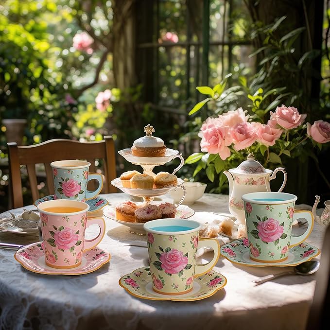 Umigy 60 Sets Tea Party Decorations 9 oz Floral Paper Tea Cups with Handle and Plates Disposable Blossom Teacups and Saucers Sets for Girls Kids Birthday Garden Wedding Party Supplies(Multicolored)