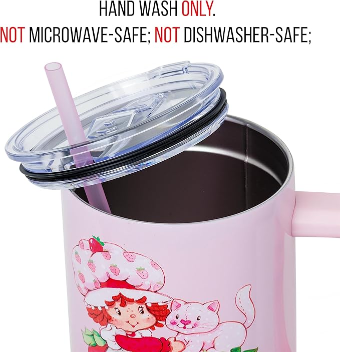 Silver Buffalo Strawberry Shortcake and Custard Vintage Berry Ombre Double Walled Stainless Steel Tumbler with Handle and Straw, Fits in Standard Cup Holder, 40 Ounces