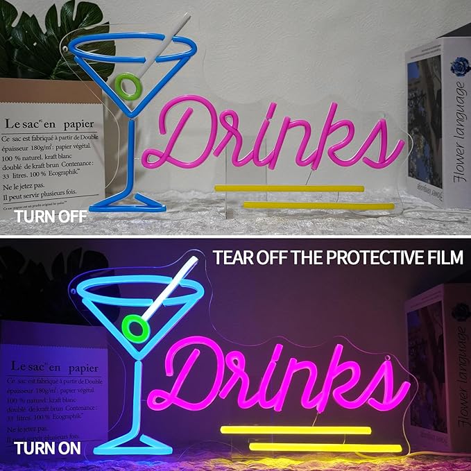 Drinks Neon Sign Dimmable Cocktail Neon Light Sign for Wall Decor Blue Pink Letters Led Signs for Bar Party Man Cave Pub Restaurant Bistro Room Decor Gift for Boys 16.5" x 10.2"