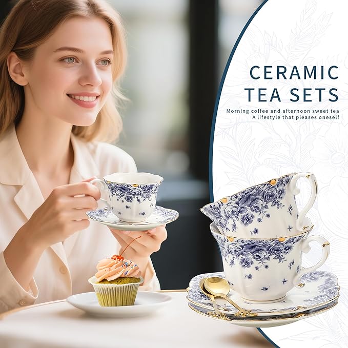 Country Roses Porcelain Tea Cup and Saucer Set with Gold Trim, Vintage Style, For Women and Tea Parties (1, Sky Blue)