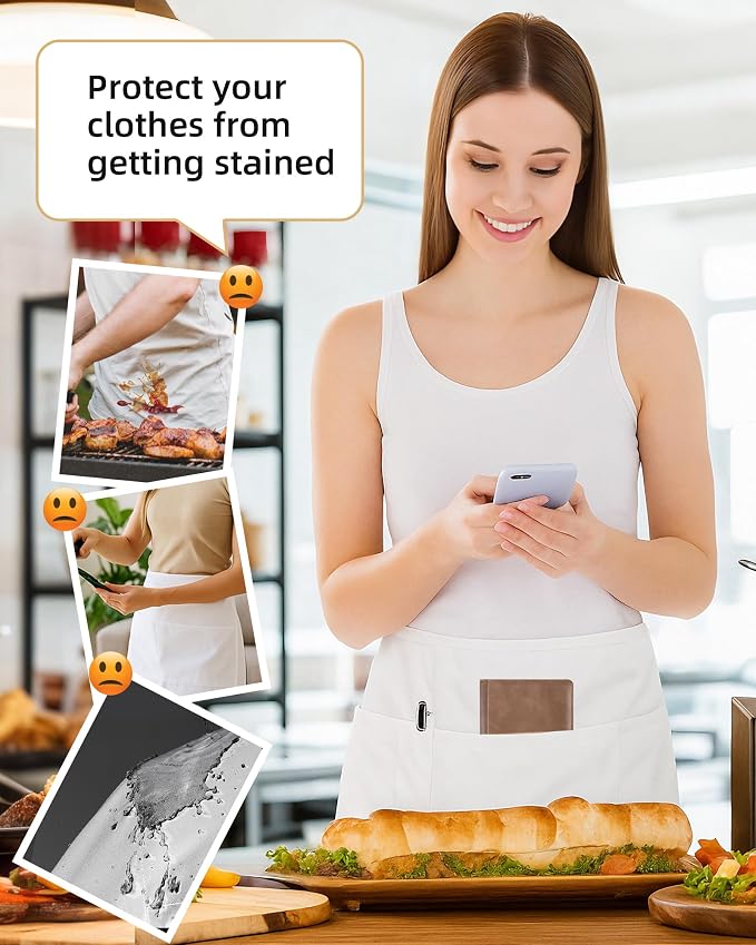 Argstar 2 Pack Server Apron with 4 Pockets, Waitress Waiter Waist WaterDrop Resistant Short Aprons - Image 4
